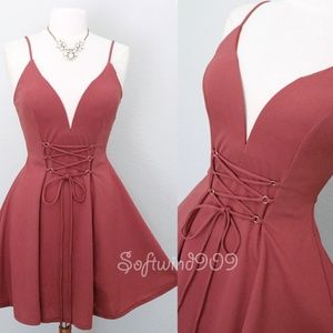Rust Mauve Lace Up Corset Plunge Cute Skater Dress